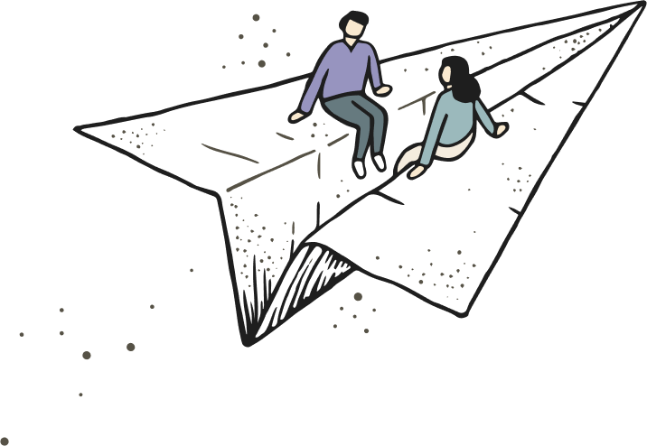 Hand-drawn illustration of a couple riding on top of a paper plane, symbolizing that Lov Films is based in Costa Rica and available worldwide.